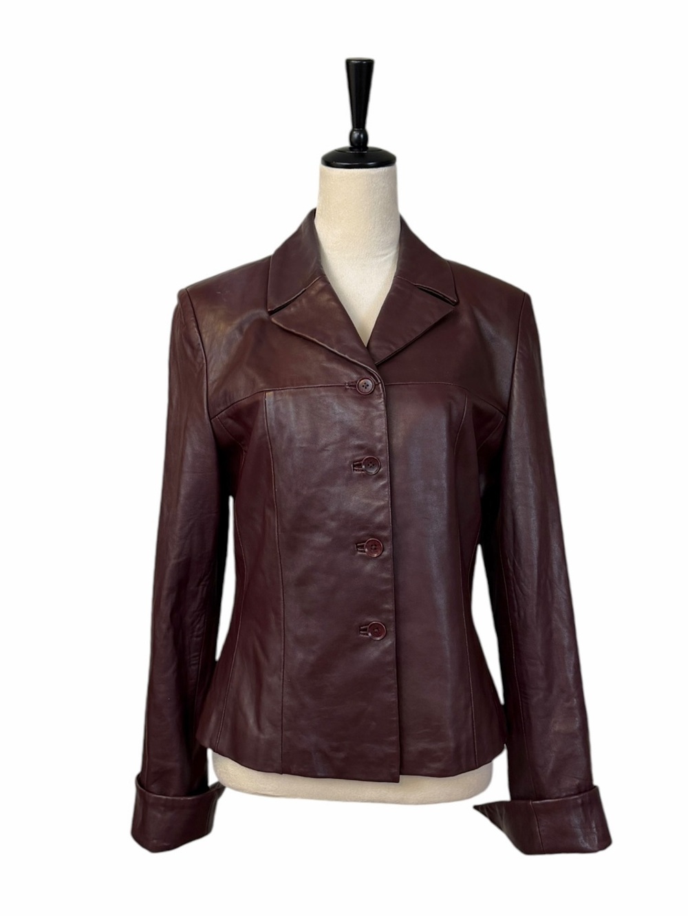 Caché Leather Jacket 10 Burgundy Fitted Button Front Y2K Retro Blazer Maroon